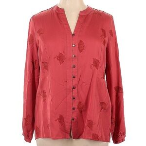 Soft Surroundings Womens Top Button Sonja Red Fans Embroidered Tencel Blouse L